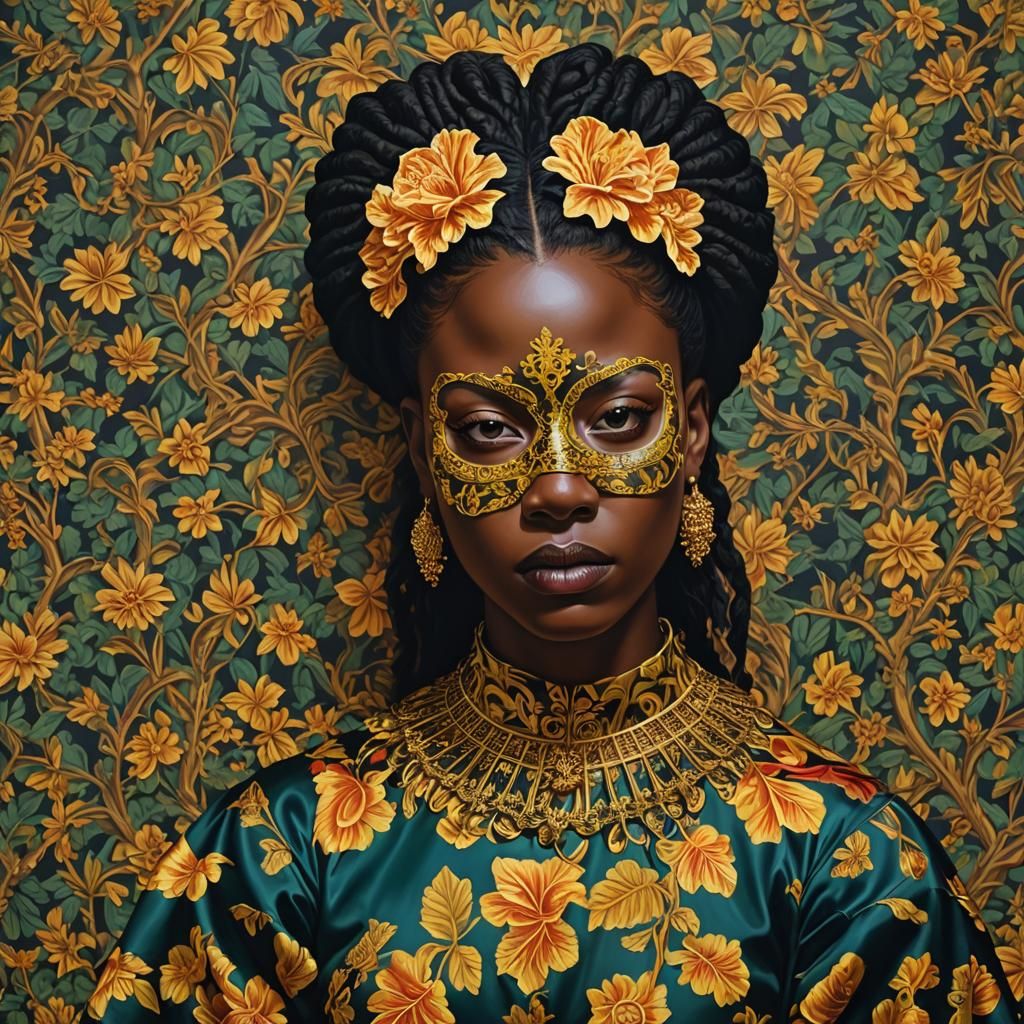 Girl with a Death Mask (She Plays Alone) in the style of Kehinde Wiley