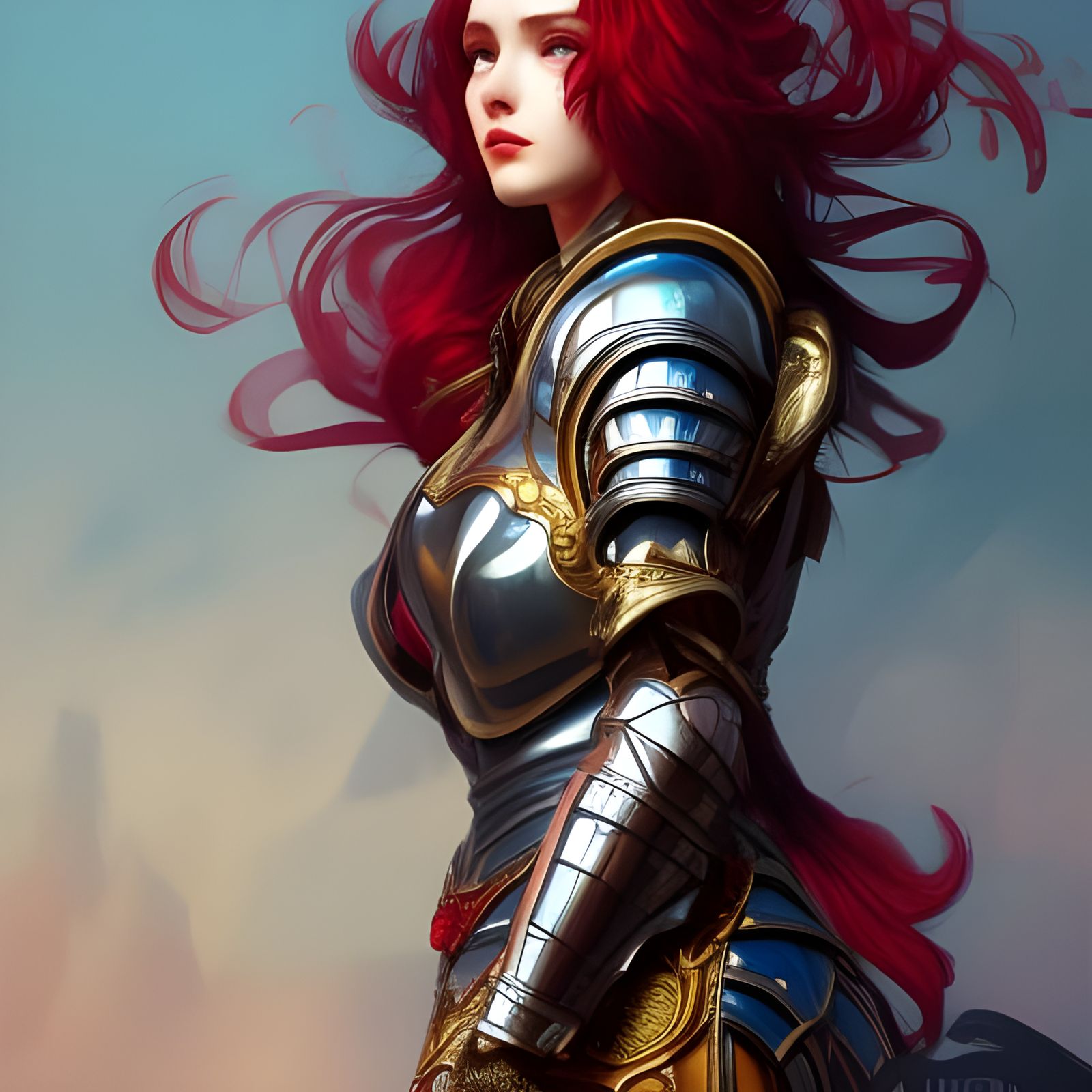 A beautiful knight with red hair in jeweled armor.  by @undefined