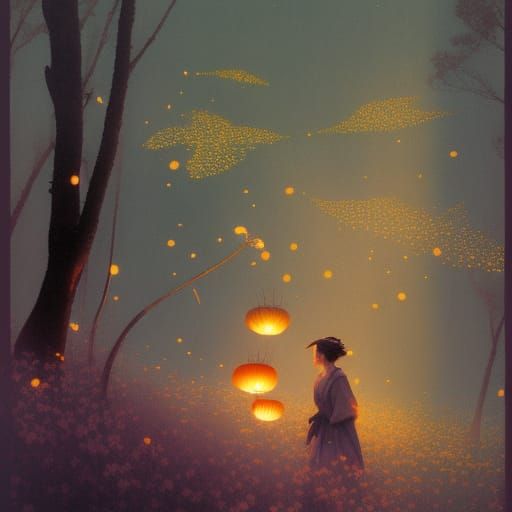 wild fireflies forest 1920s japan cherry blossom festival ni...