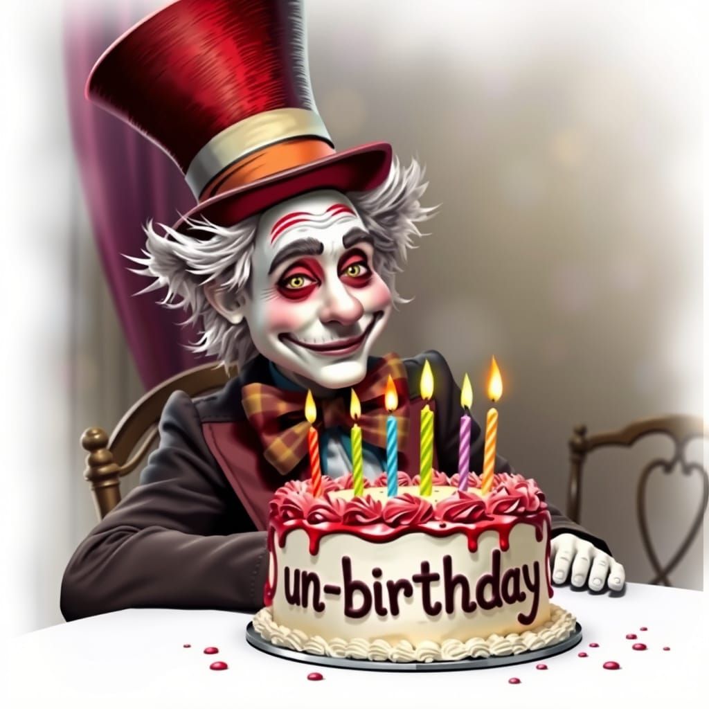 mad hatter sitting at a table with a birthday cake with birthday candles on top of the cake , colorful ...  by @  debster