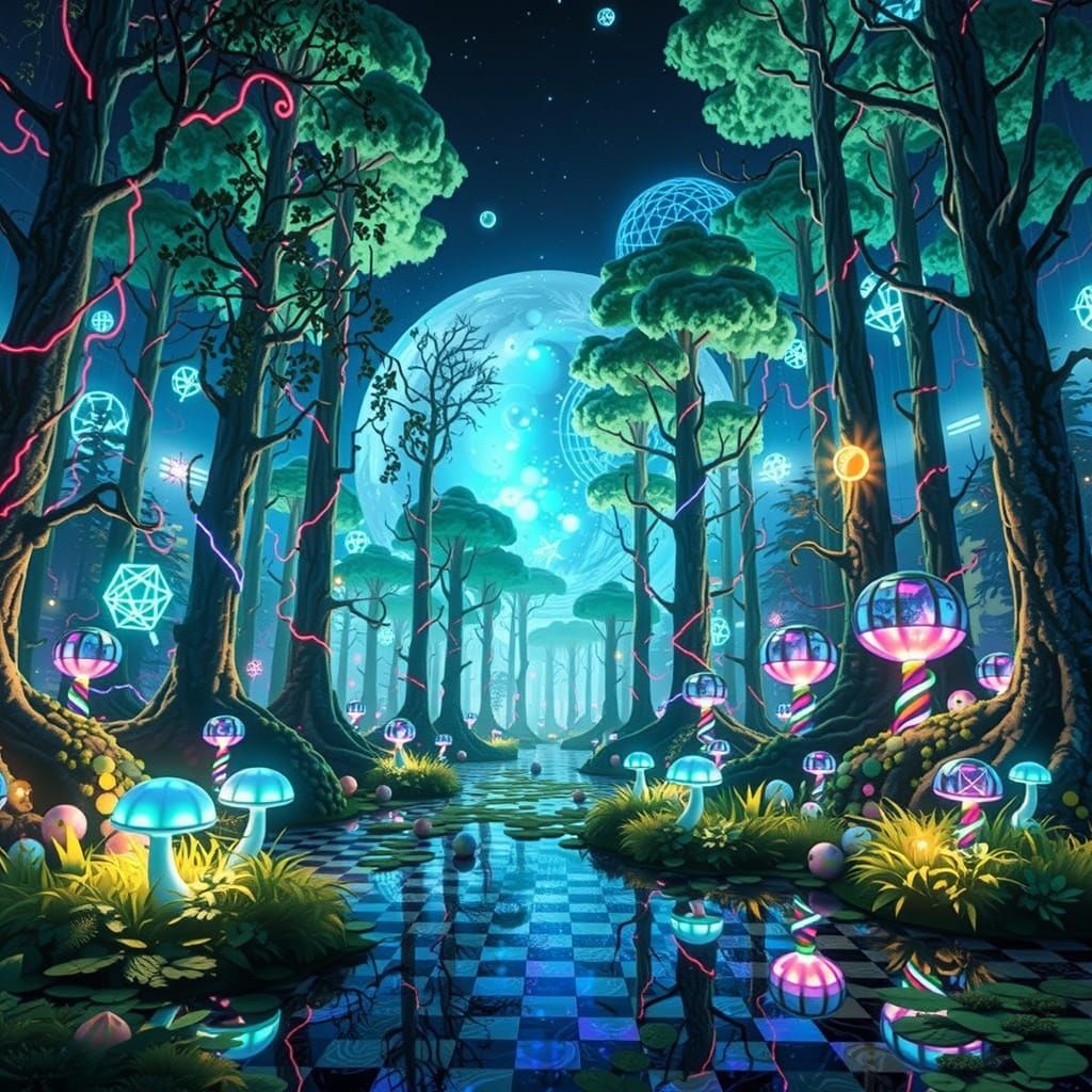 Futuristic Forest Disco in Vibrant Colors and Geometric Patt...