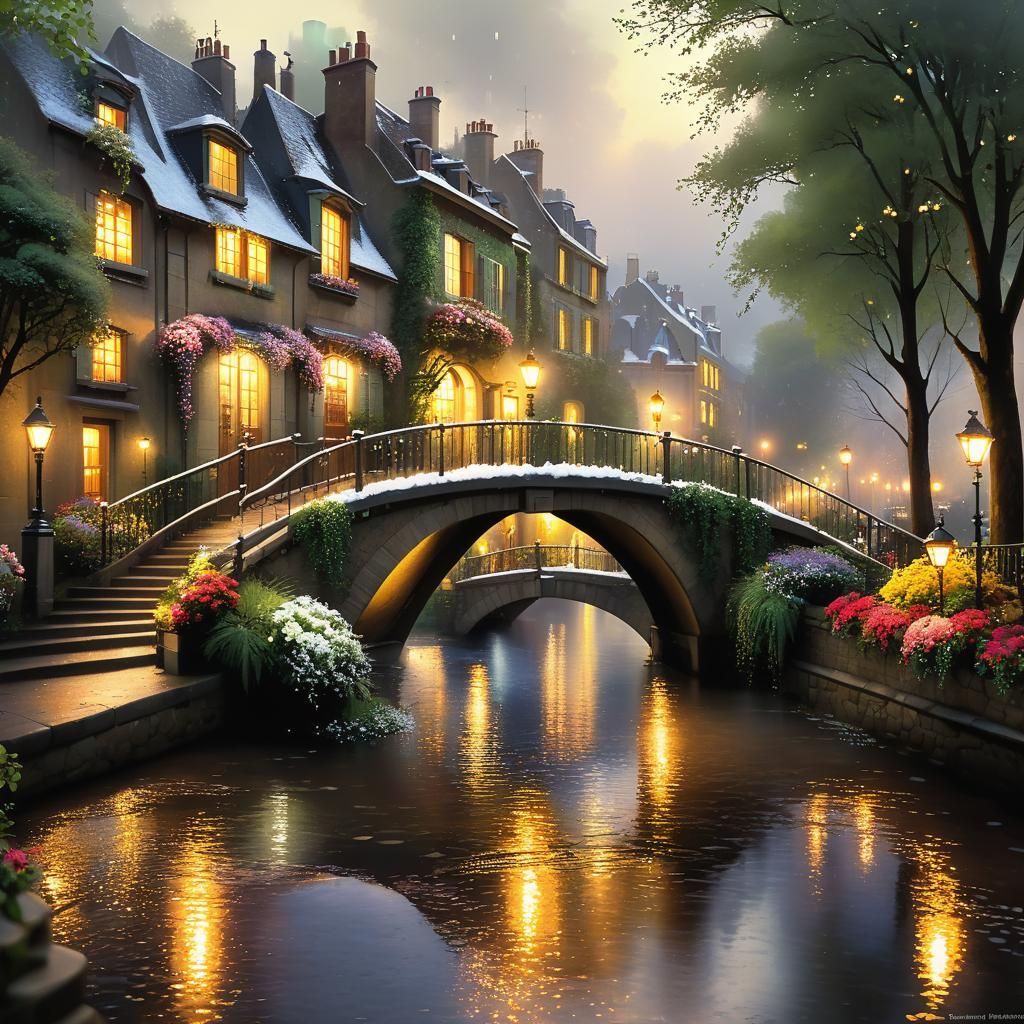 Charming Parisian Bridge in Thomas Kinkade Style