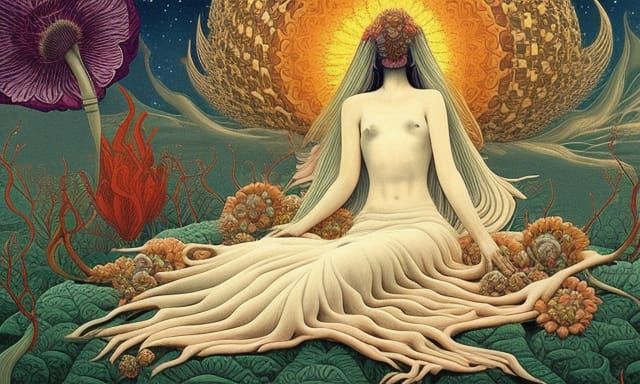 celestial woman in Surreal artisanal bed made entirely of Su...