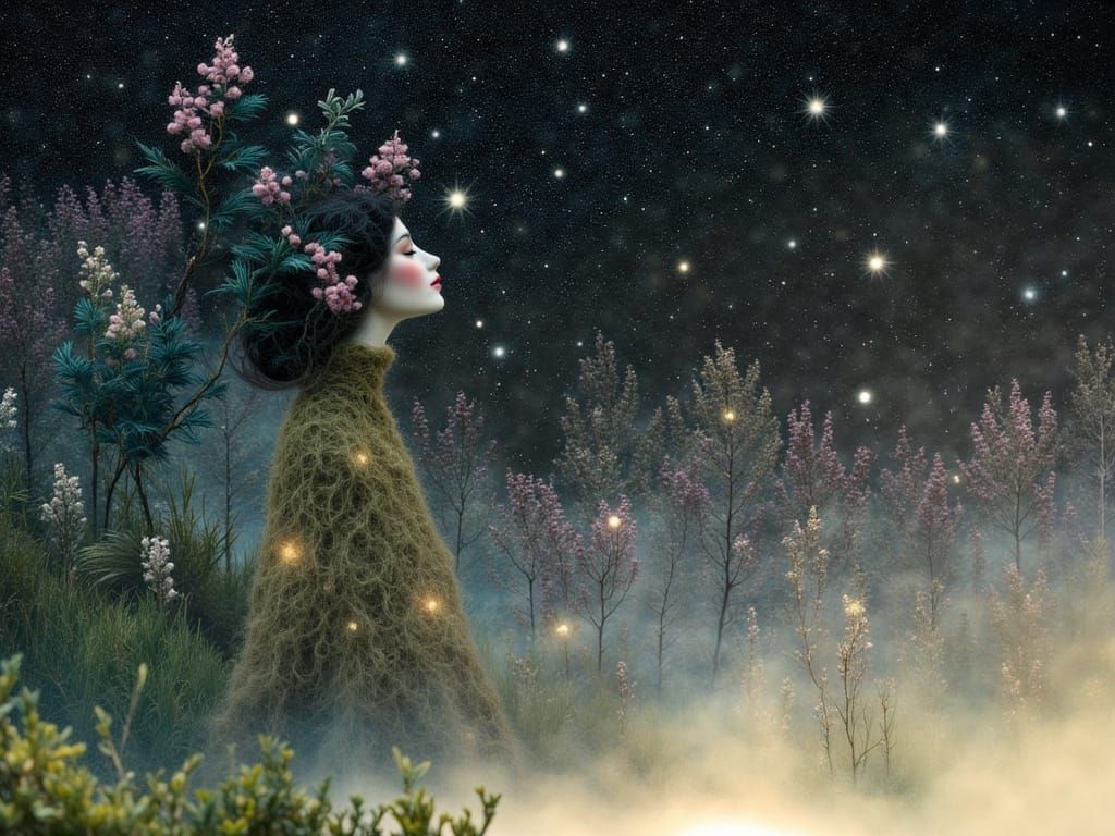 City on the moon ; high quality double exposure art, portrait, ethereal, soft muted colors, dreamy, dark, lush , magic luminescence, giant p...