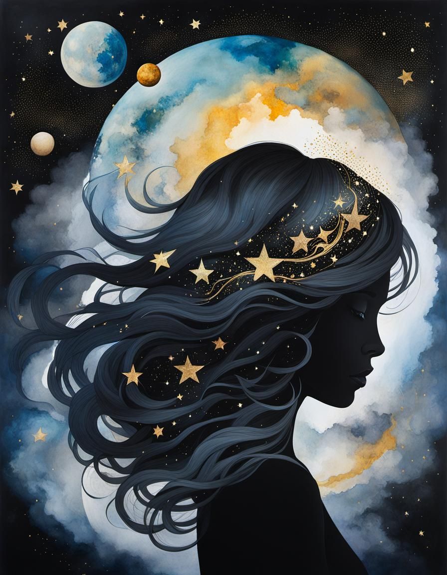 Ethereal Woman Silhouette with Cosmic Hair