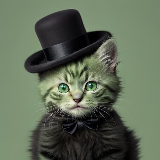 A fluffy green furred kitten wearing a bowler hat