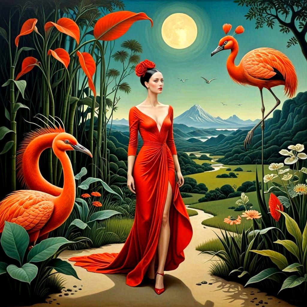 Surreal Woman with Fantastic Creatures in Hyperrealistic Sty...