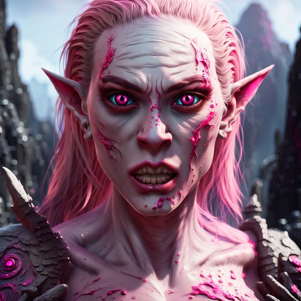 Beautiful Female white skinned  pink eyed half ork gaint