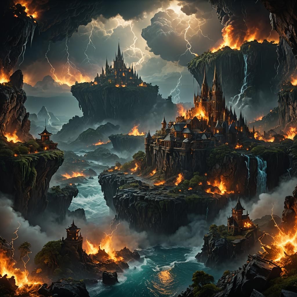 The earth surrounded with water fire smoke and mold, lightin...