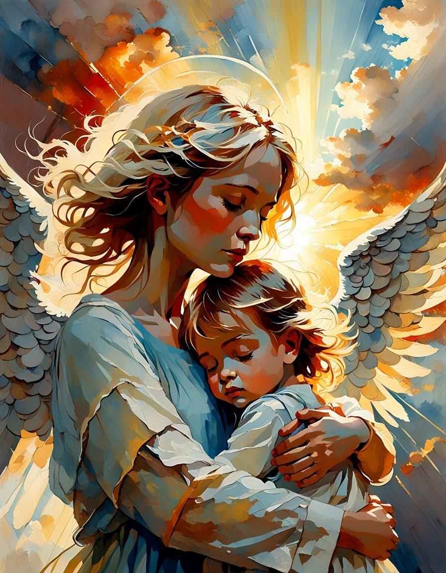 Angel hugging her child , clouds , eden , sunrays , heavenly...