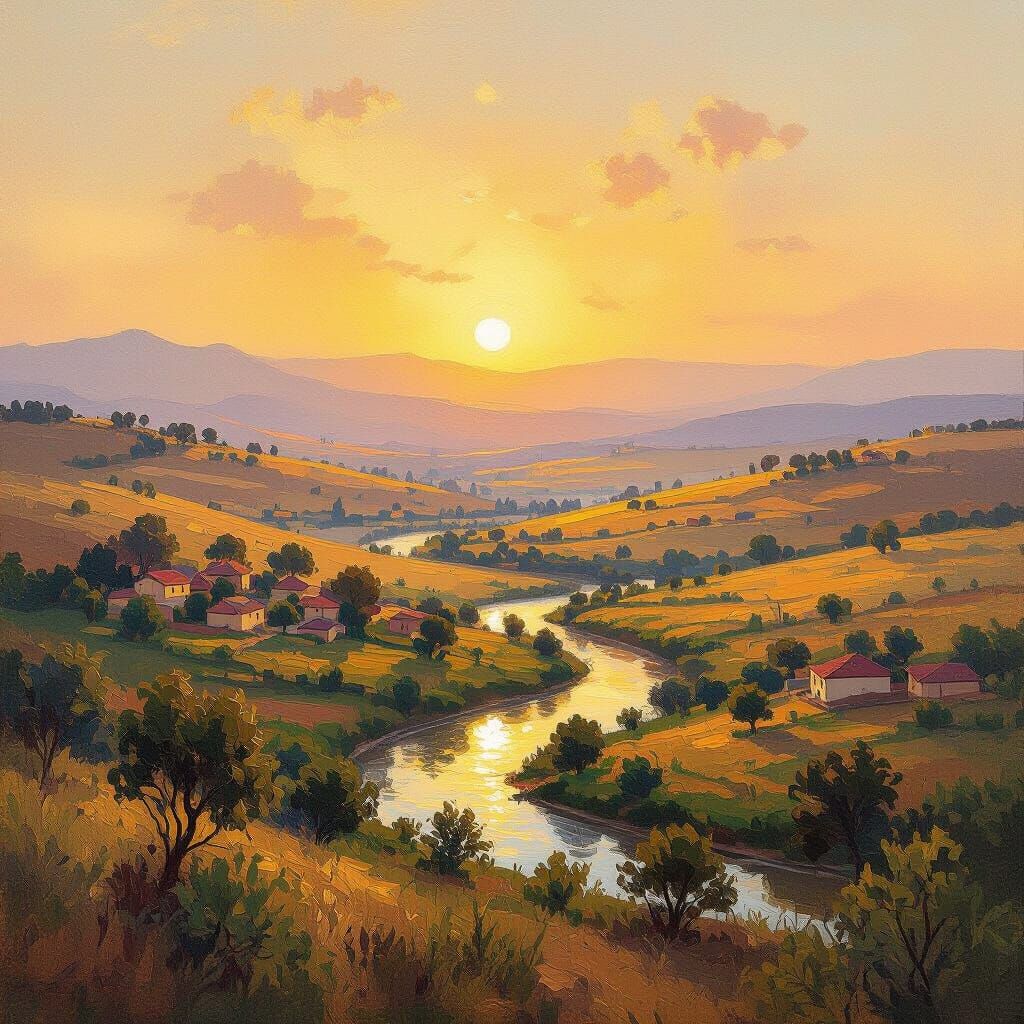 Sunrise Over Ethiopian Valley: Impressionist Landscape Paint...