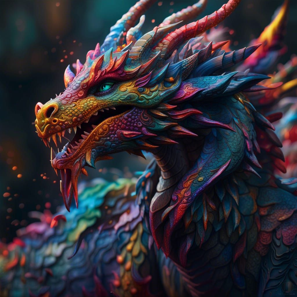 Colourful Dragon with paint streaks, contrasting colours - AI Generated ...