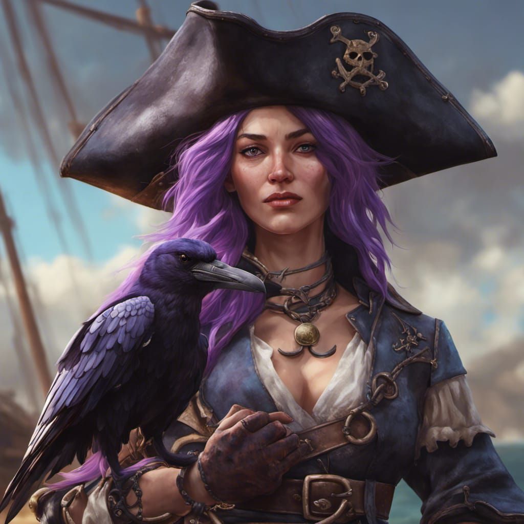 A Purple Haired Female  Pirate Captain With A Raven Bird As ...