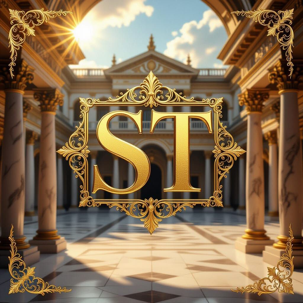 Make a profile picture with the caption ST up-to-date in 24-karat gold against the background of an ancient royal palace.