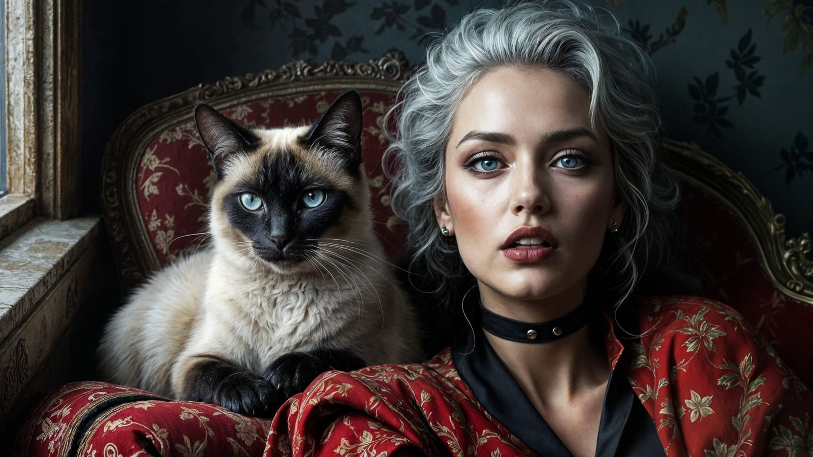 Regal Siamese Cat and Woman in Vintage Attire