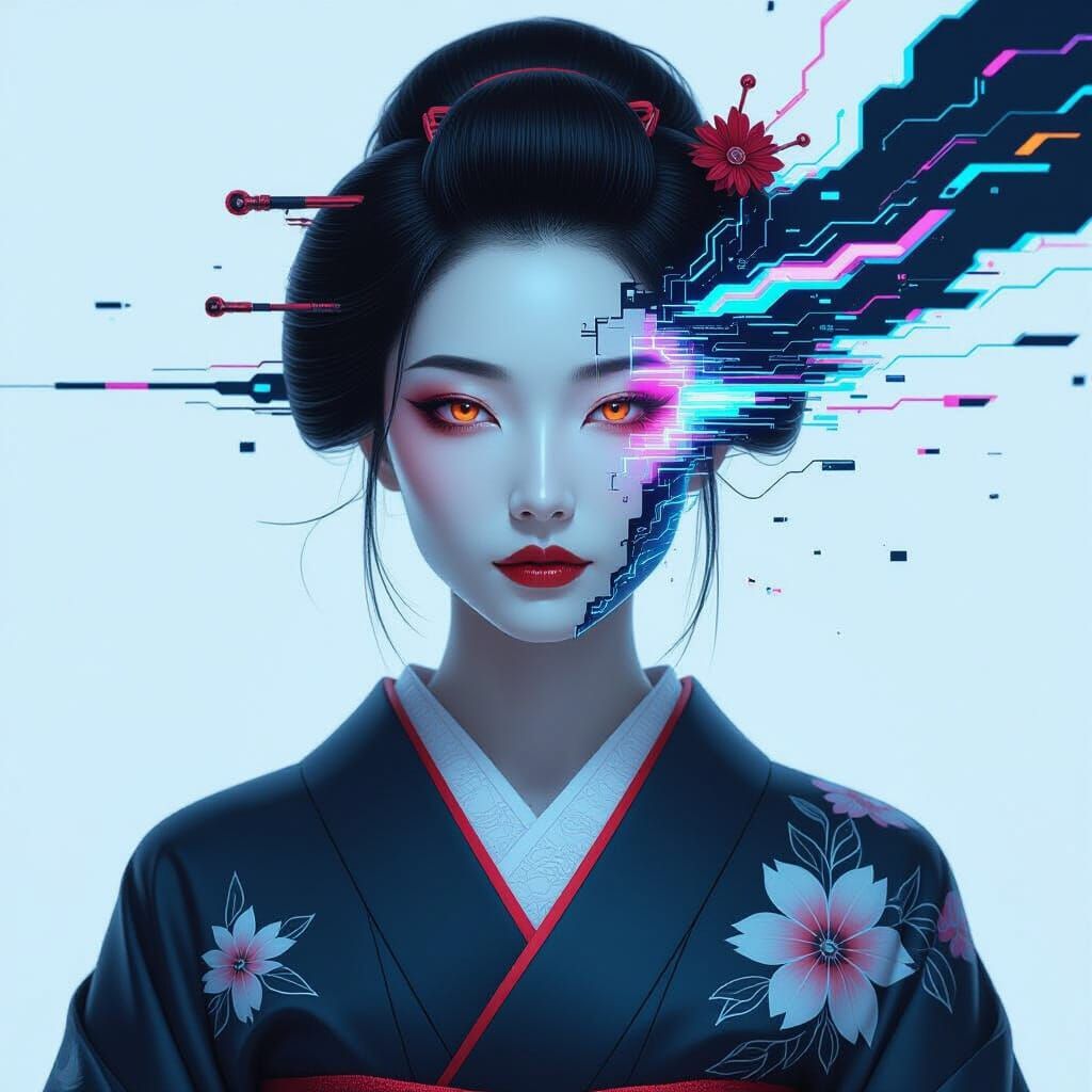 Create a portrait of a stunning futuristic Japanese woman — poised, graceful, and otherworldly — whose ...  by @Creative_MarkIT