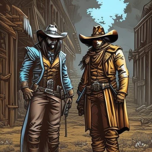 two wolves dressed as cowboys in an old west town