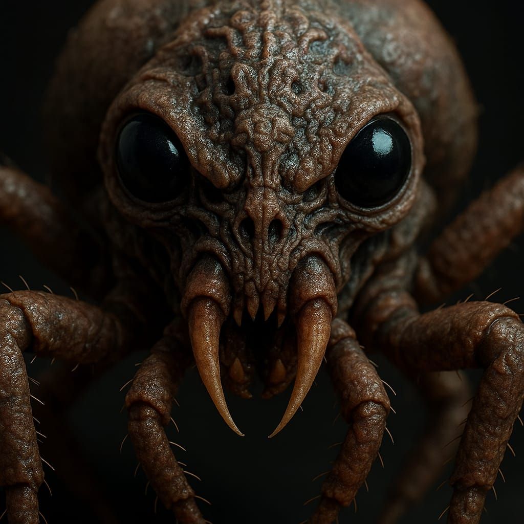 Scary real life style closeup creation of an evil gigantic humanoid body vicious horrid parasitic dust mite tic fly hybrid with real eyes mo...