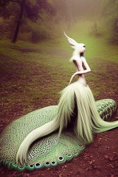 surreal woman half white peacock and half colorful peacock, ...