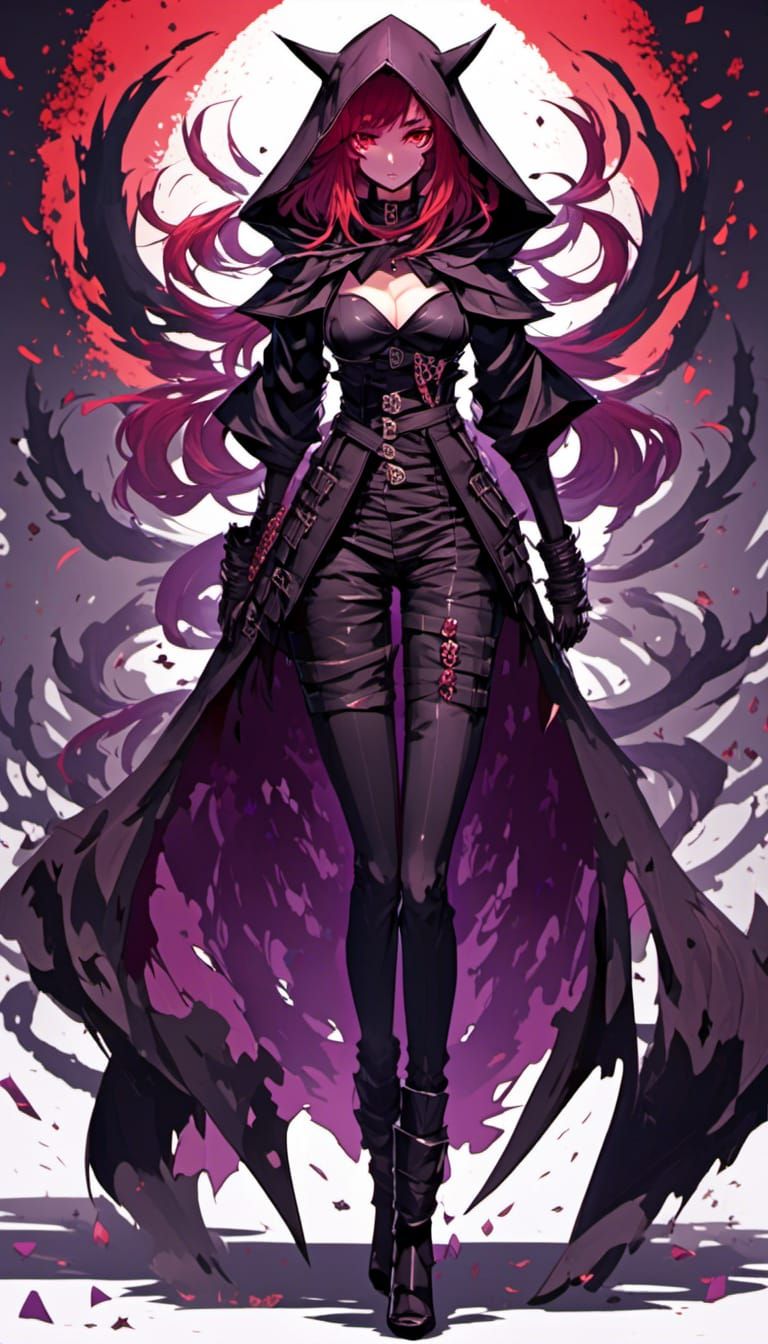 Cloaked Shadow Warrior, Female, Bipedal, Attractive, Purple Eyes, Full Body, Large Bust, Crimson Hair, Dominant, Tantalizing, Anime, Symmetr...