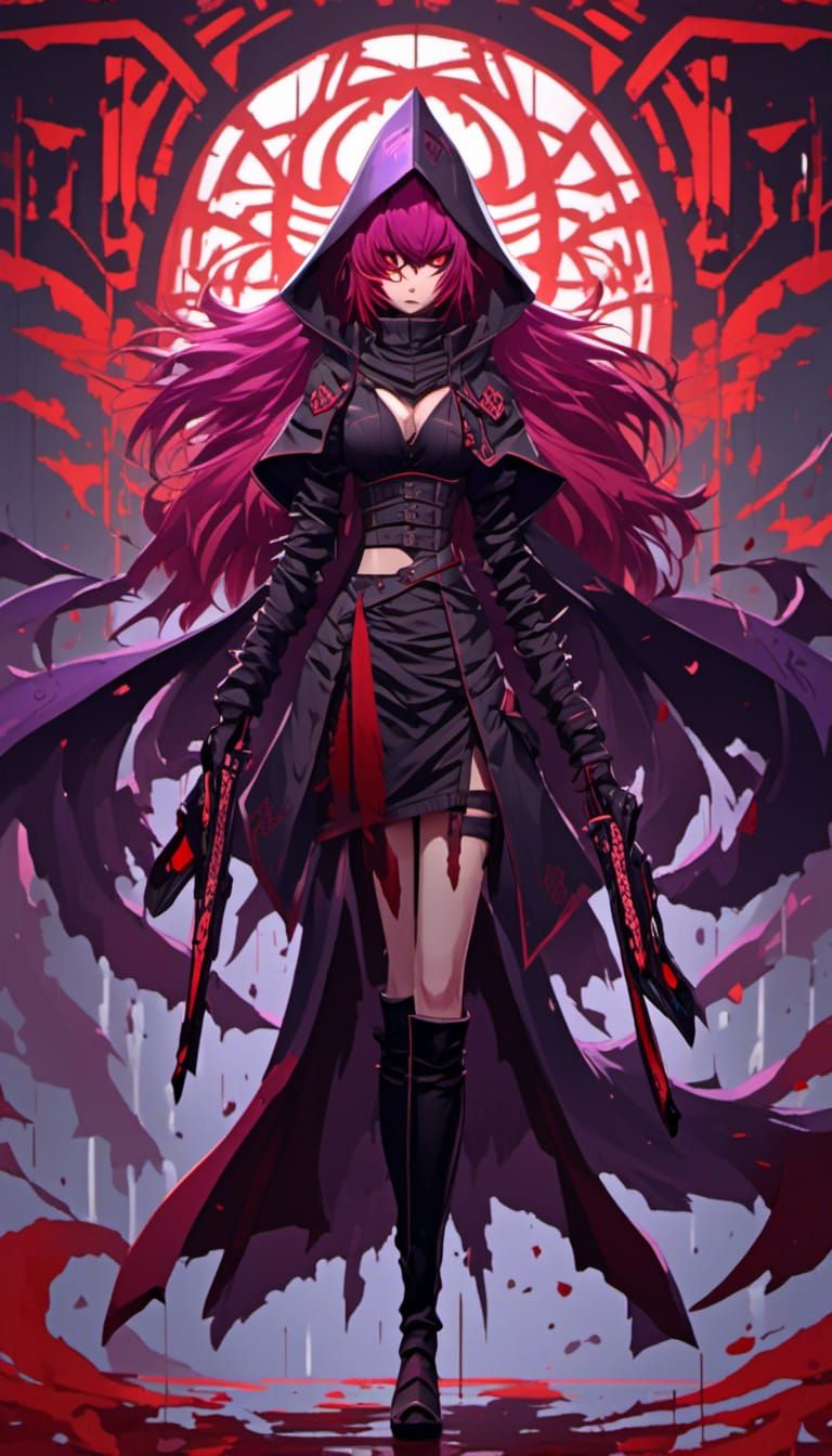Cloaked Shadow Warrior, Female, Bipedal, Attractive, Purple Eyes, Full Body, Large Bust, Crimson Hair, Dominant, Tantalizing, Anime, Symmetr...
