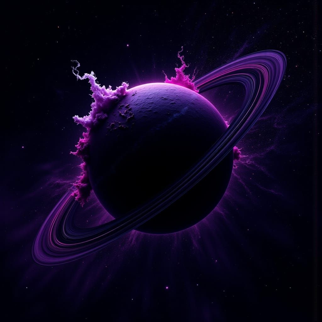 Foreboding Black-and-Purple Ringed Planet in Dark, Atmospher...