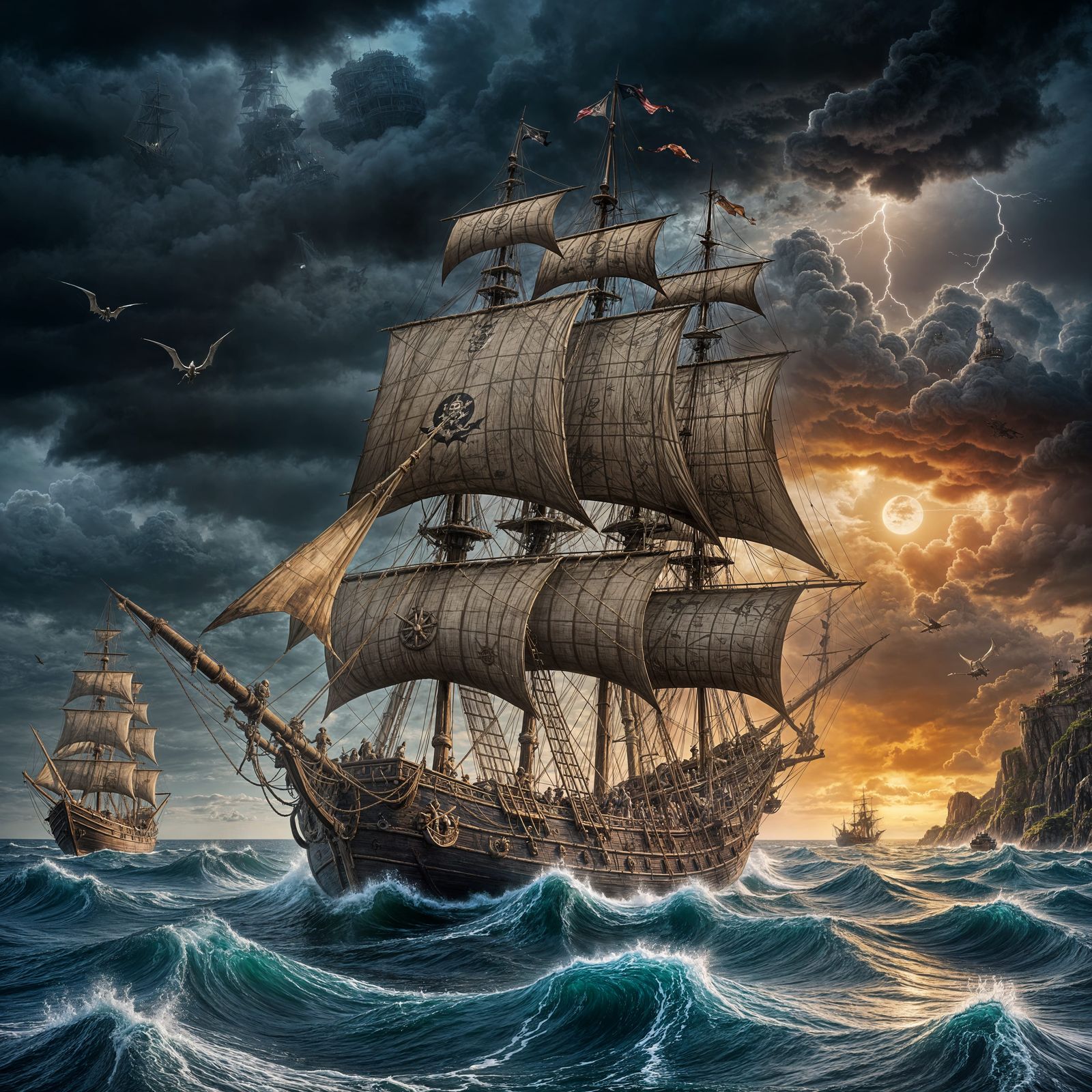dnd pirate ship - Vibrant Fantasy Pirate Ship in Stormy Seas...
