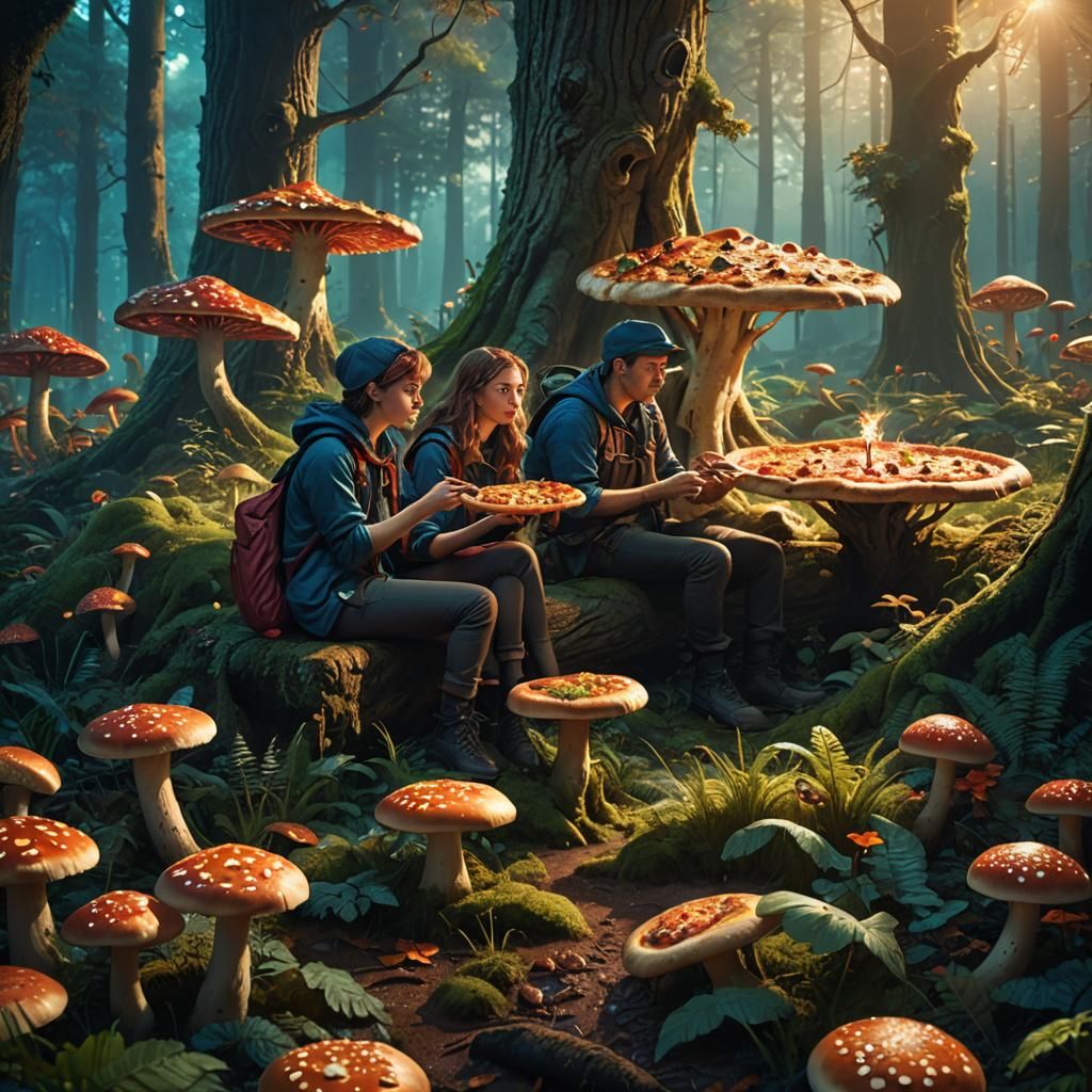 Magical Forest Pizza Feast in Matte Painting Style
