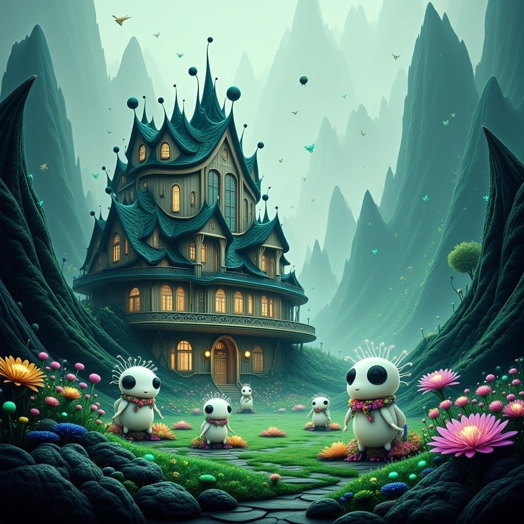 <lora:Glowing Alien Planet:1.0>A foggy landscape. An ornate mansion sits atop a tall mountain, looking out over the valley. It's white exter...