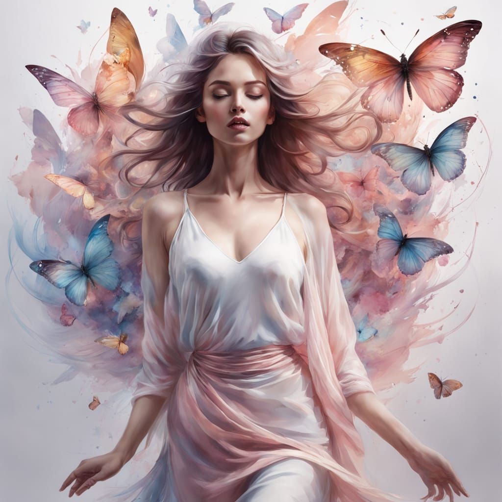 woman walks with Butterfly swarm