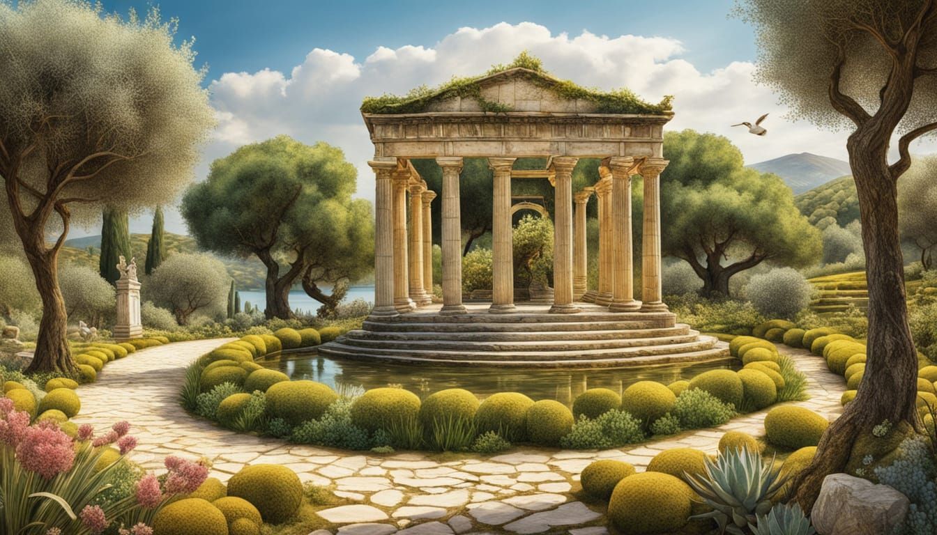 Idyllic Greek Park Illustration in Storybook Style