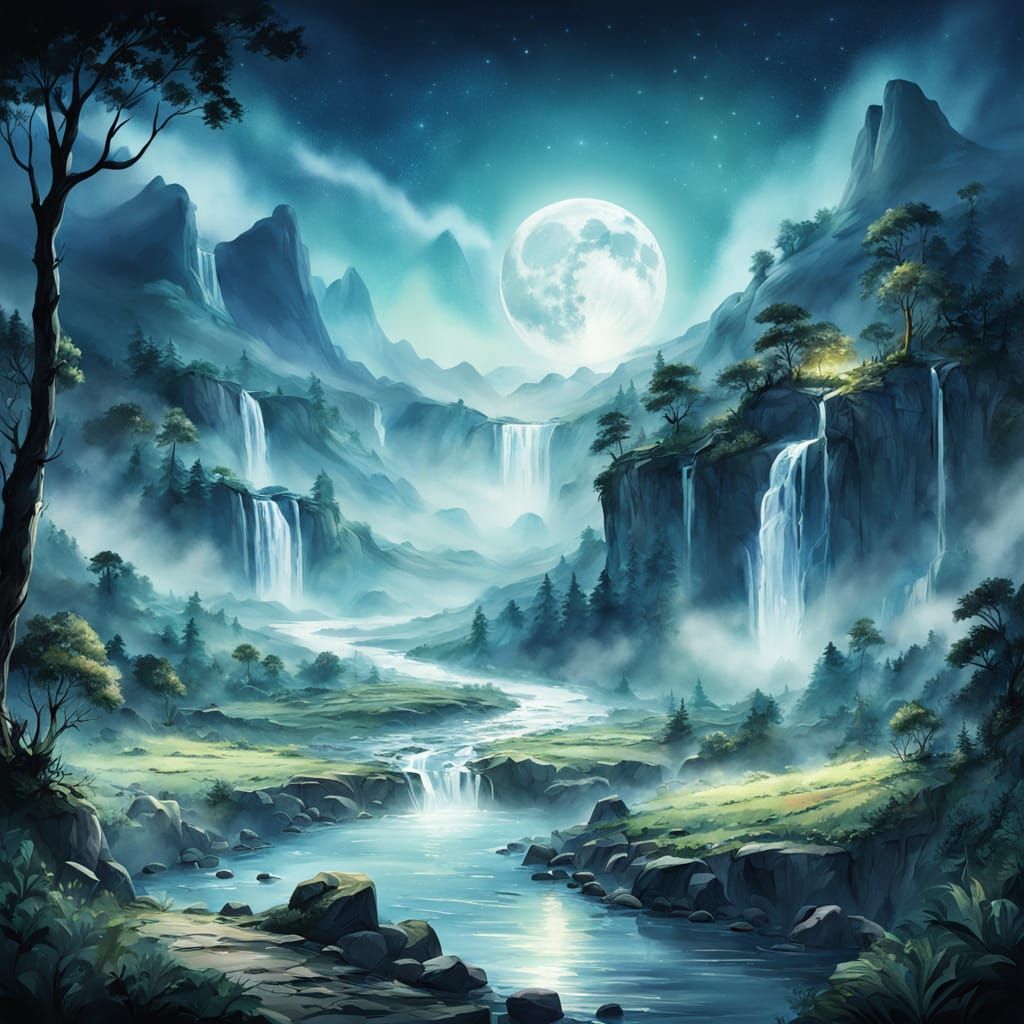 Watercolor illustration. Wide shot. A lush valley with rivers and waterfalls is shrouded in a thick, swirling mist under...