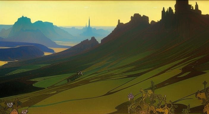 Cinematic fantasy landscape by Alphonse Mucha, Dark Fantasy