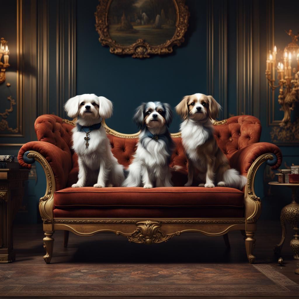 Man littles dogs sitting of a Biedermeier sofa