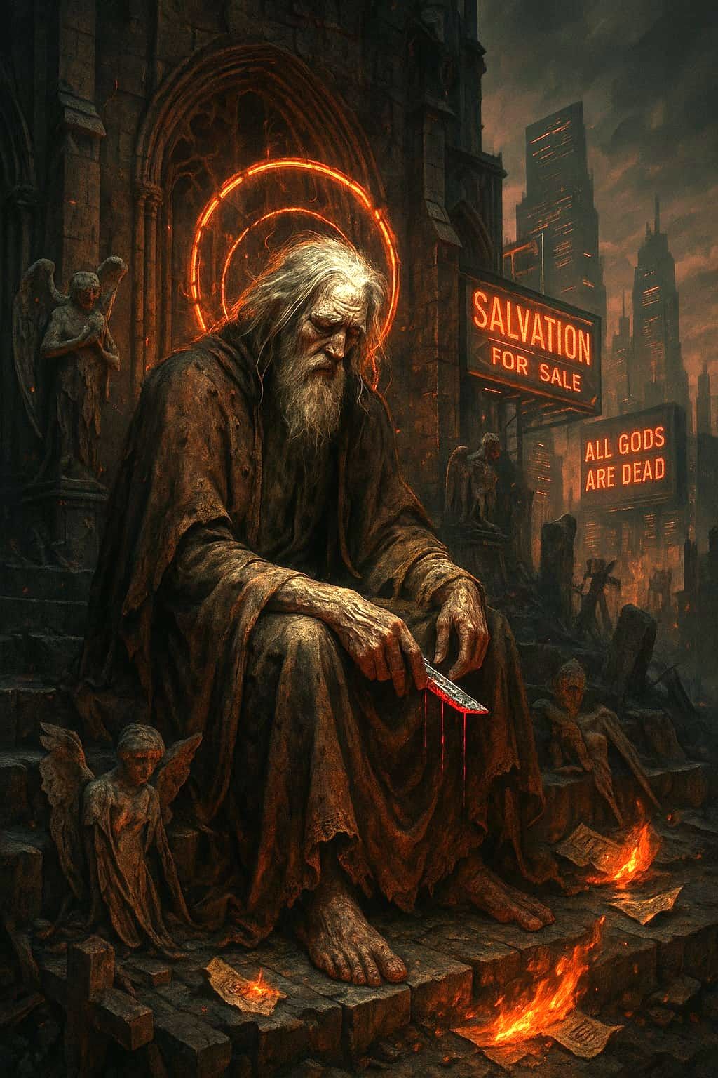 I found God clutching a razor blade,

He said "Look at the mess they've made
They'd trade their hearts if they were made...