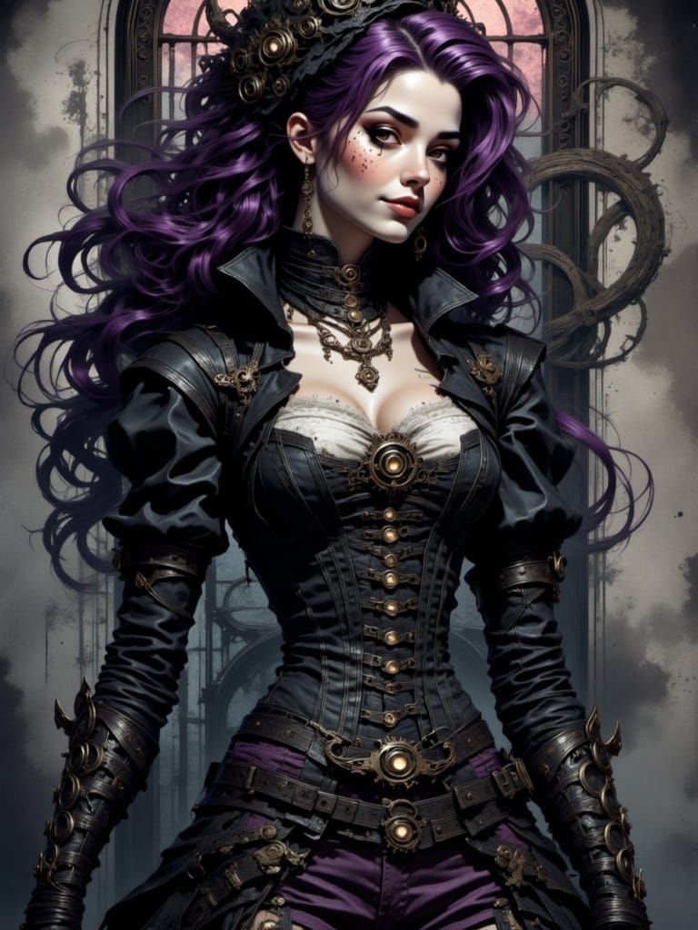 <lora:SpectraGlorious:1.0>  Gorgeous steampunk beauty with stunning violet hair and freckles wearing intricate black and white corsetted dre...