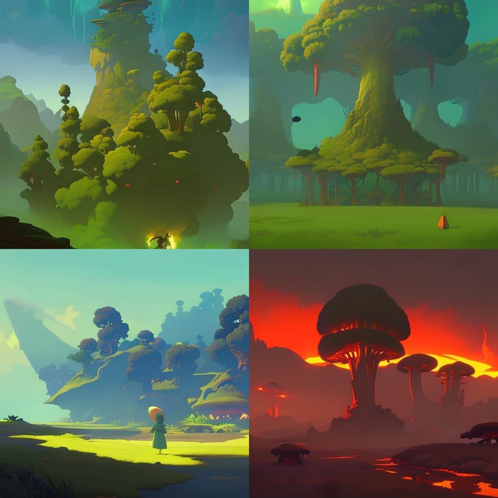 mossy mushrooms trees sunlight green tropical