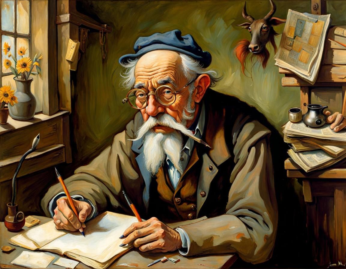 Quirky ugly old man in the dusty attic writing a note : art brut style by  Jean Baptiste Monge, by Dali, by Hieronomous Bosch, mucha : 1810... - AI  Generated Artwork - NightCafe Creator