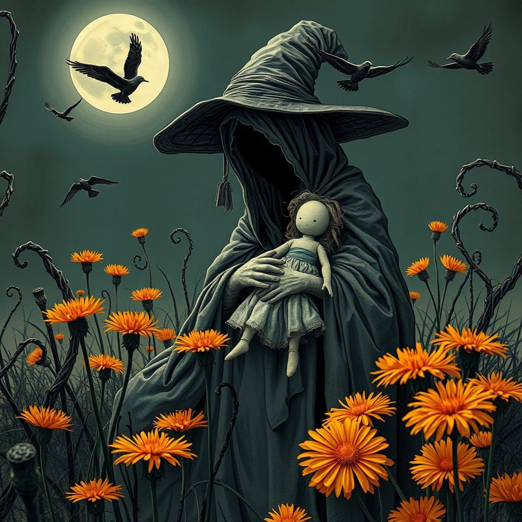 Shadowy witch in a ragged hat and cloak holds a faceless doll made of stitched fabric. They stand in a haunted meadow of abstract black stem...