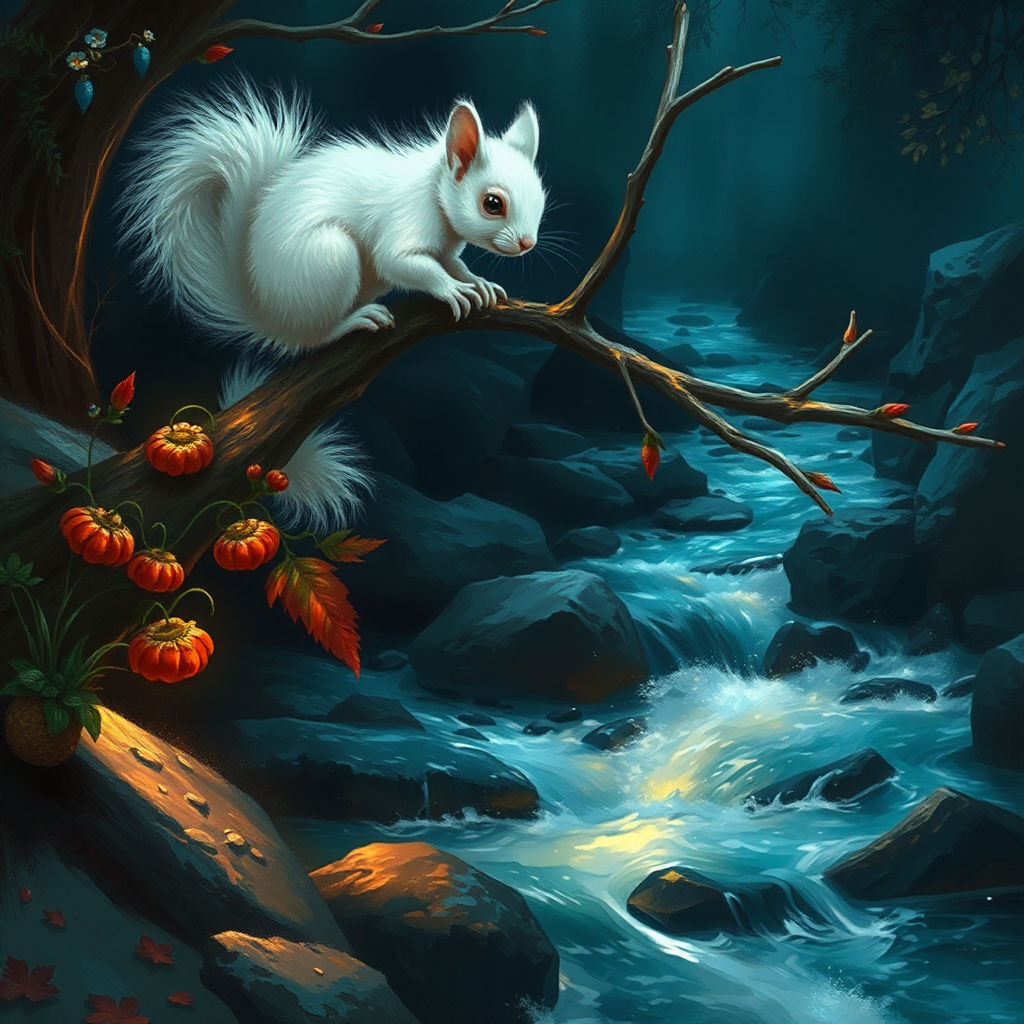 White fluffy Squirrel perched onto a branch