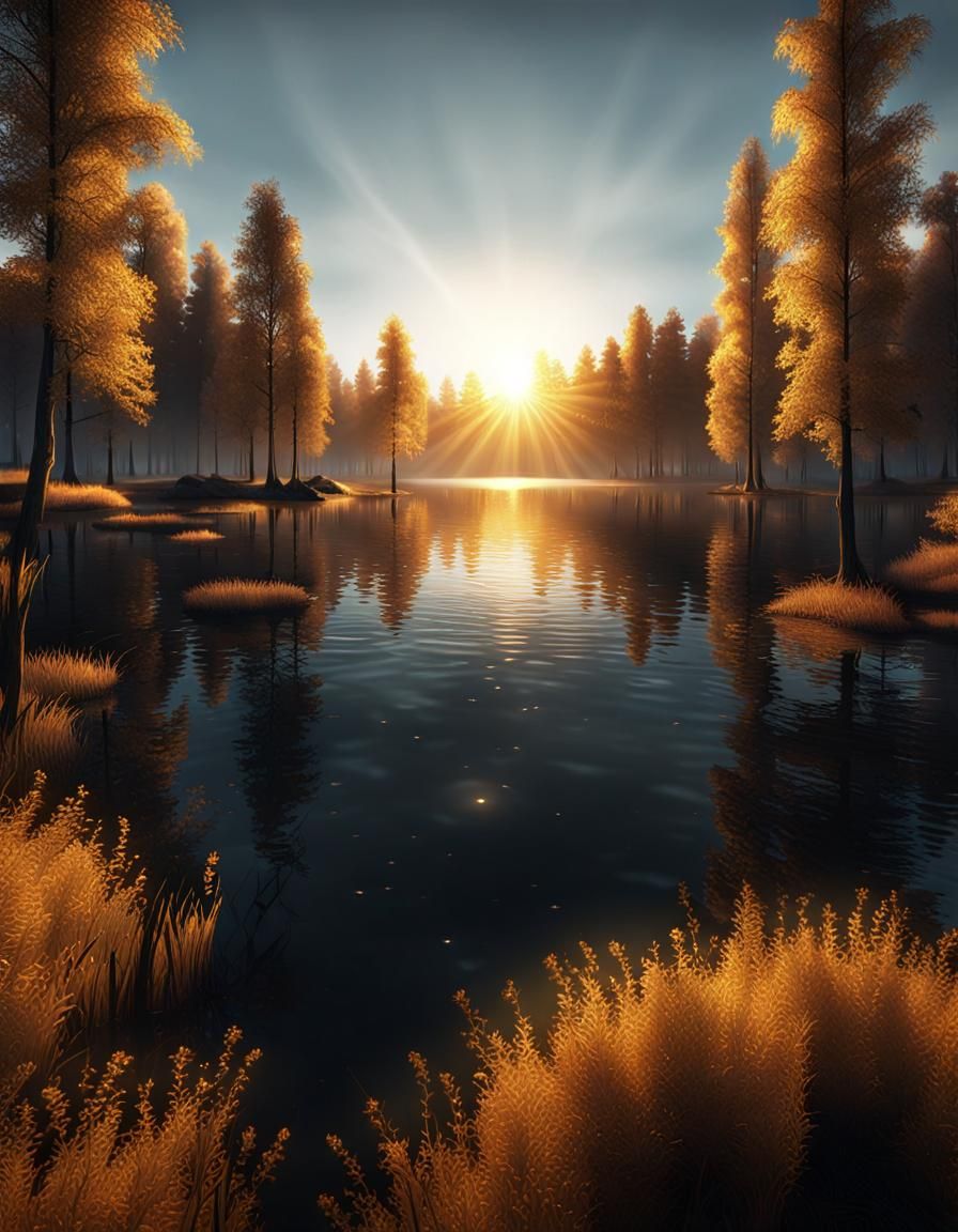 Beautiful sunrise  over a lake with sun reflecting on lake  ...