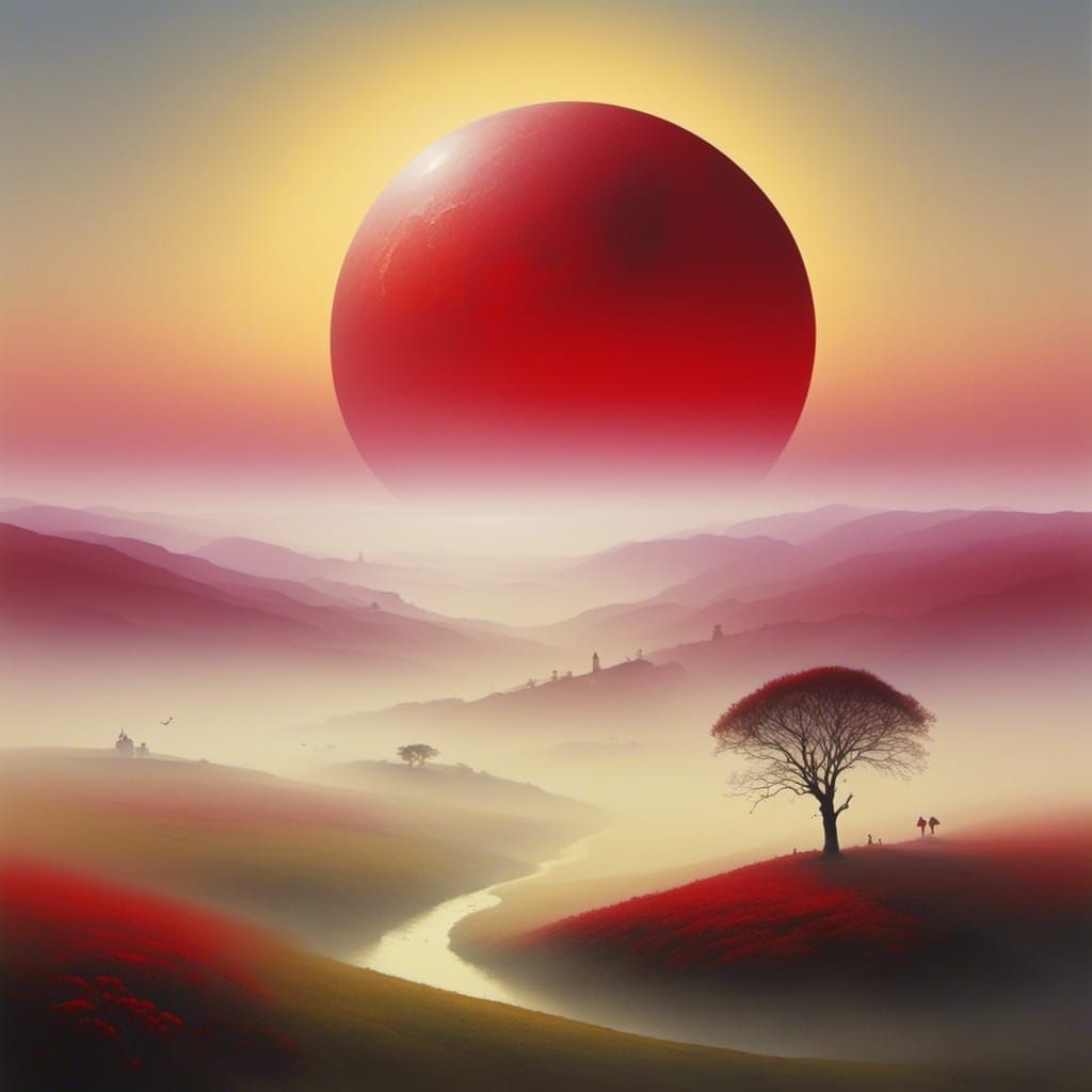 <lora:Mystic Surrealism:1.0> gees flying over the surreal land, misty sun towards the red surreal moon