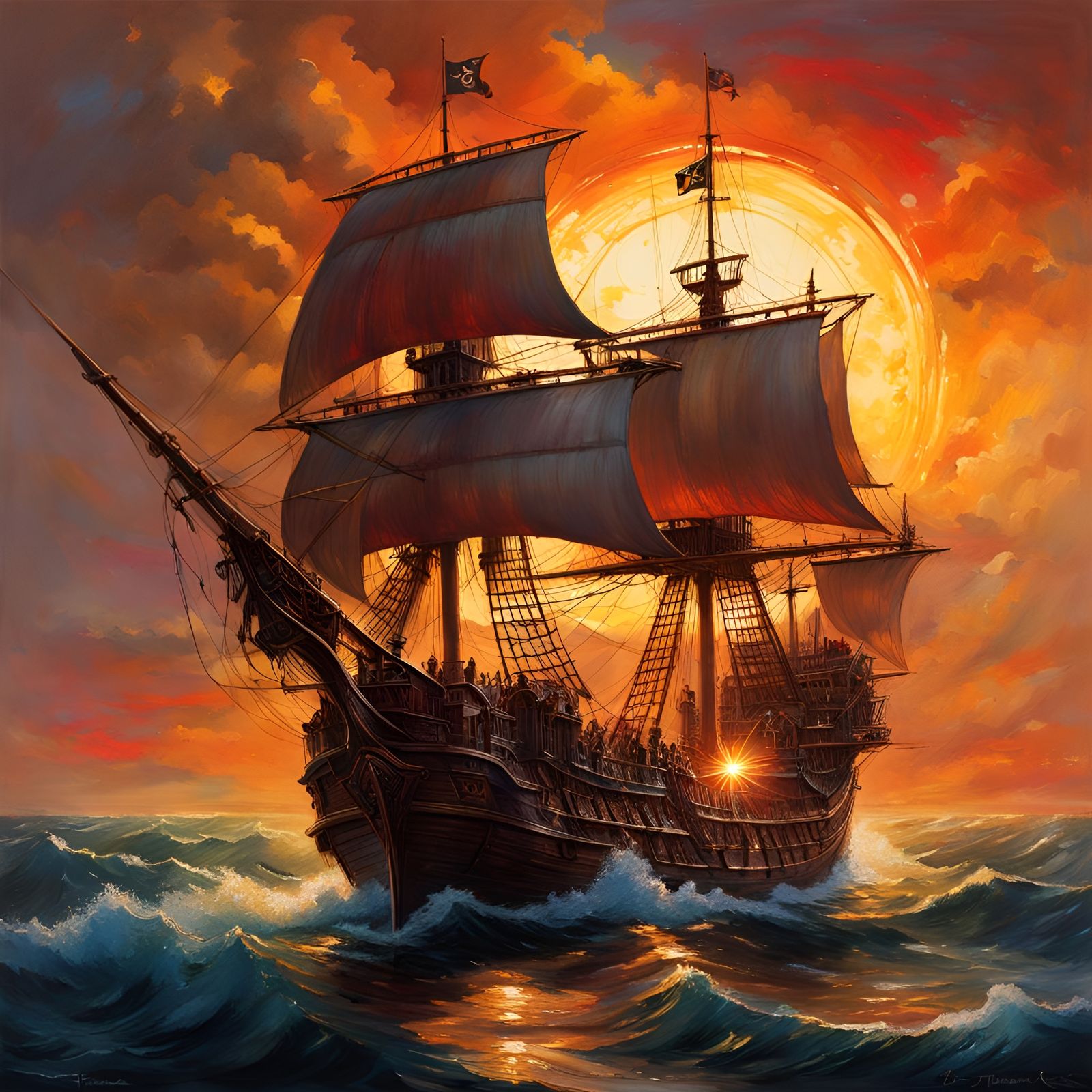 A sunset behind a hyper detailed hyper realistic pirate ship WLOP ...