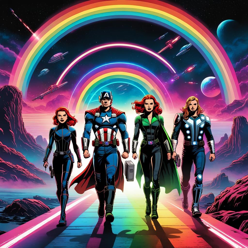 Captain America, Black Widow, Thor, and the Avengers walking...