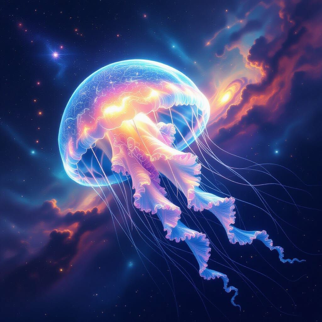 Bioluminescent Jellyfish in Cosmic Nebula