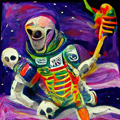 Scary skeleton astronaut in space fauvism