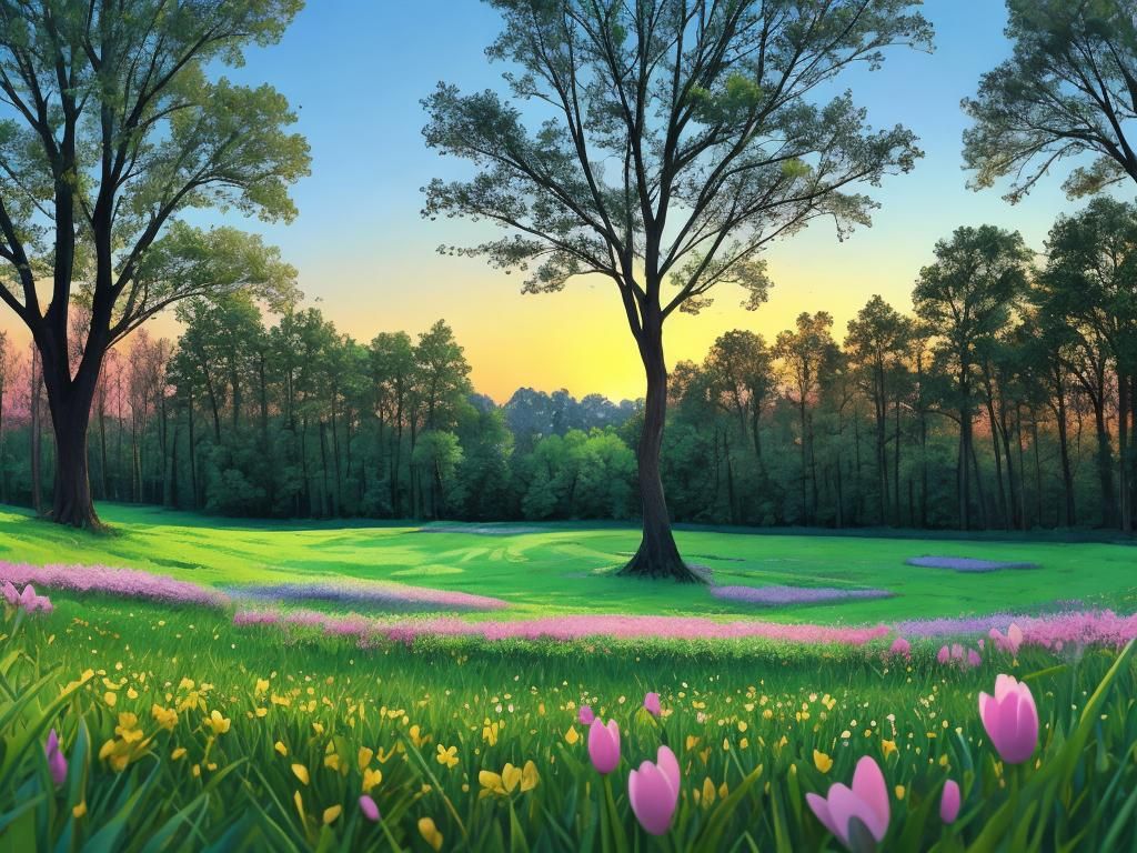 springflowers on a green meadow, background with trees in bl...