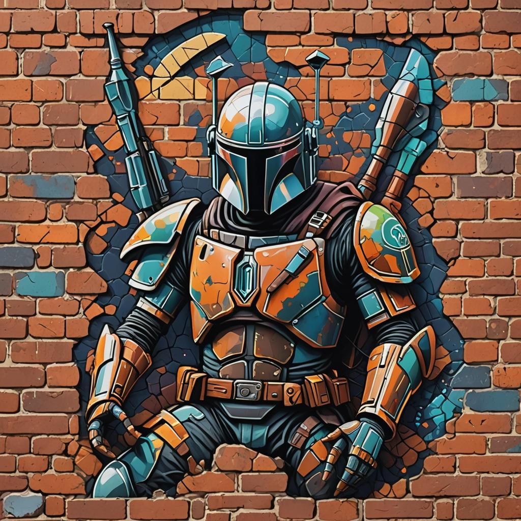 graffiti painting of a mandalorian on a brick wall