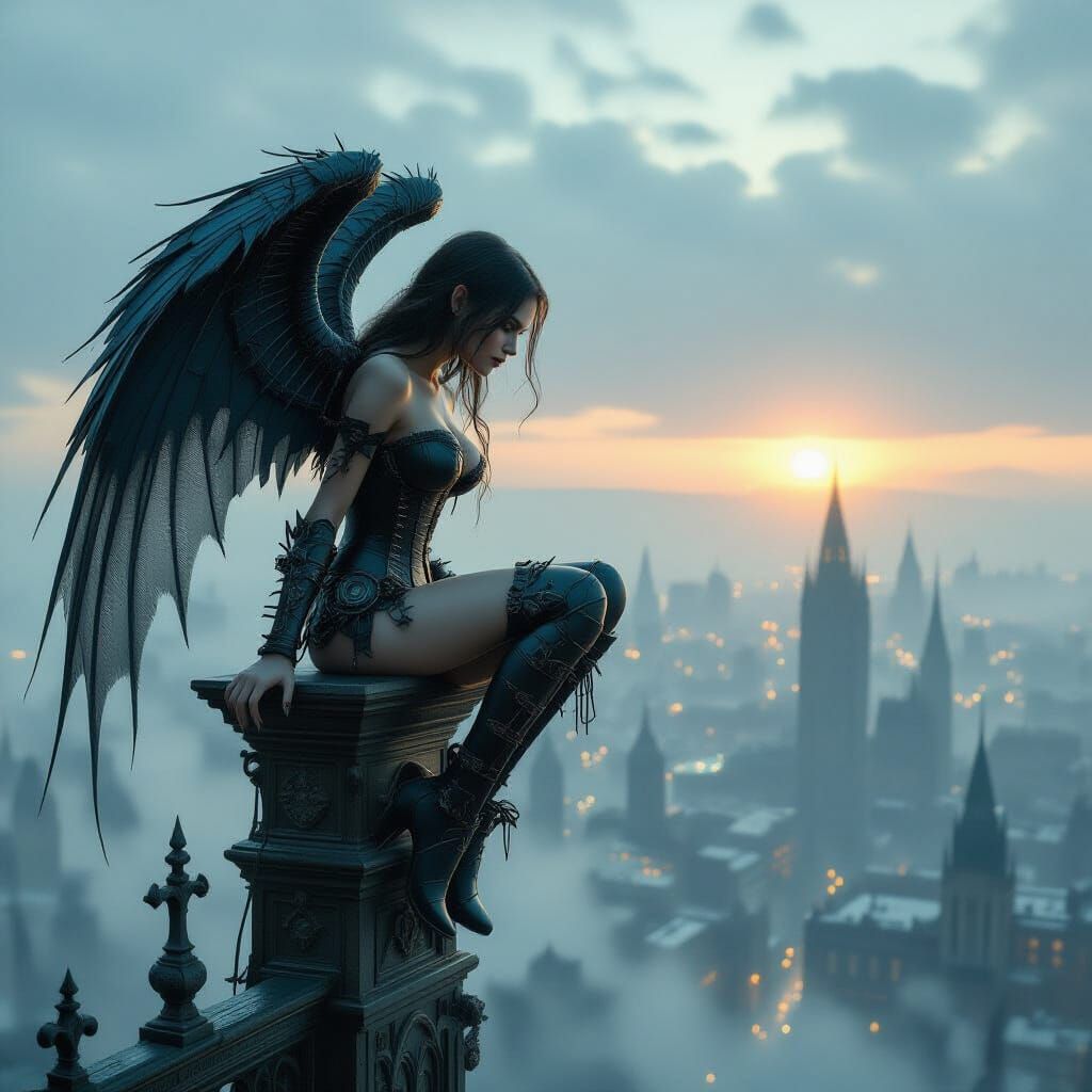 “Solitary Siren” - A biomechanical harpy with intricate clockwork wings perched atop a gothic spire, overlooking a desolate cityscape. The air is thick with sm...
