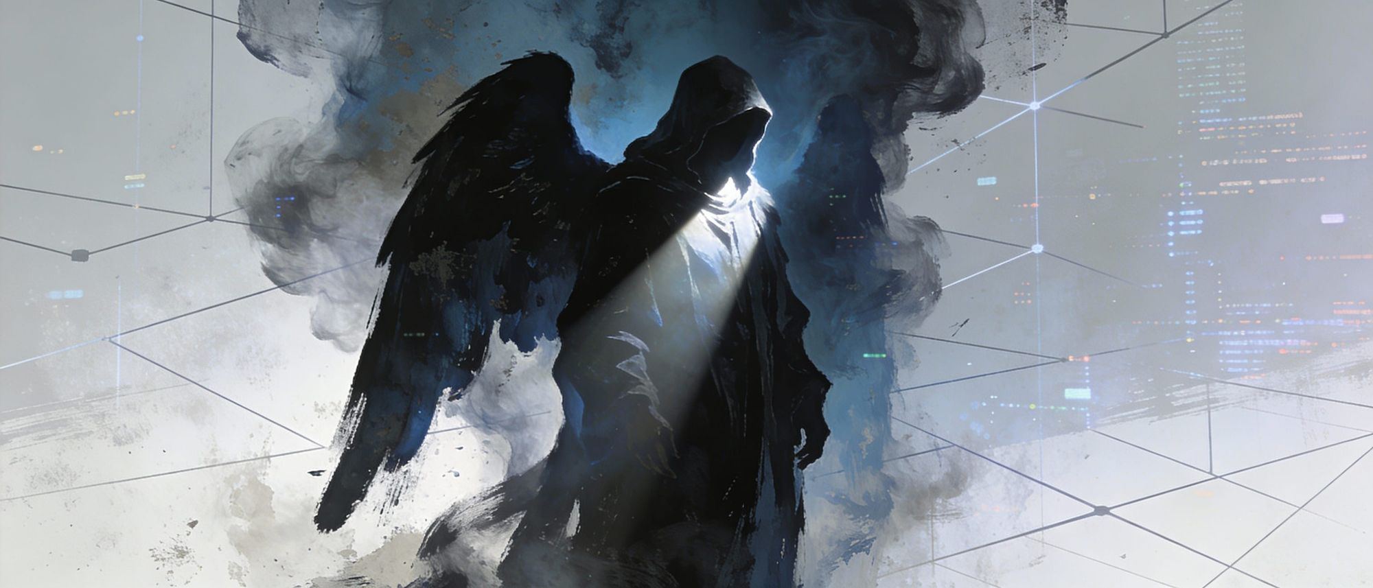 A majestic, ethereal Angel of Death, cloaked in shadows and illuminated by a single, divine beam of light. The background is a modern, abstr...